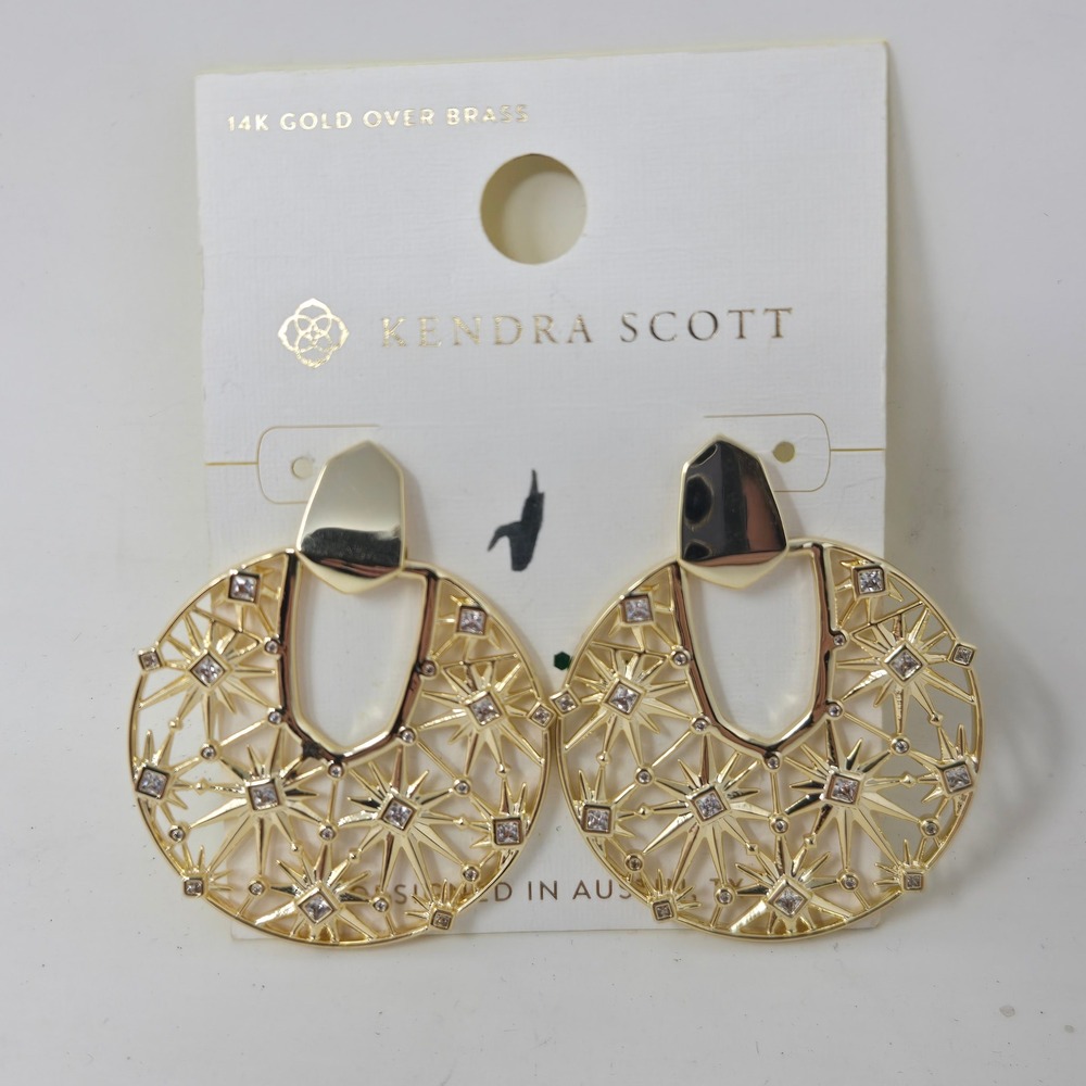 Kendra Scott Whimsy Starburst Statement Earrings 14K Gold Over Brass CZ New